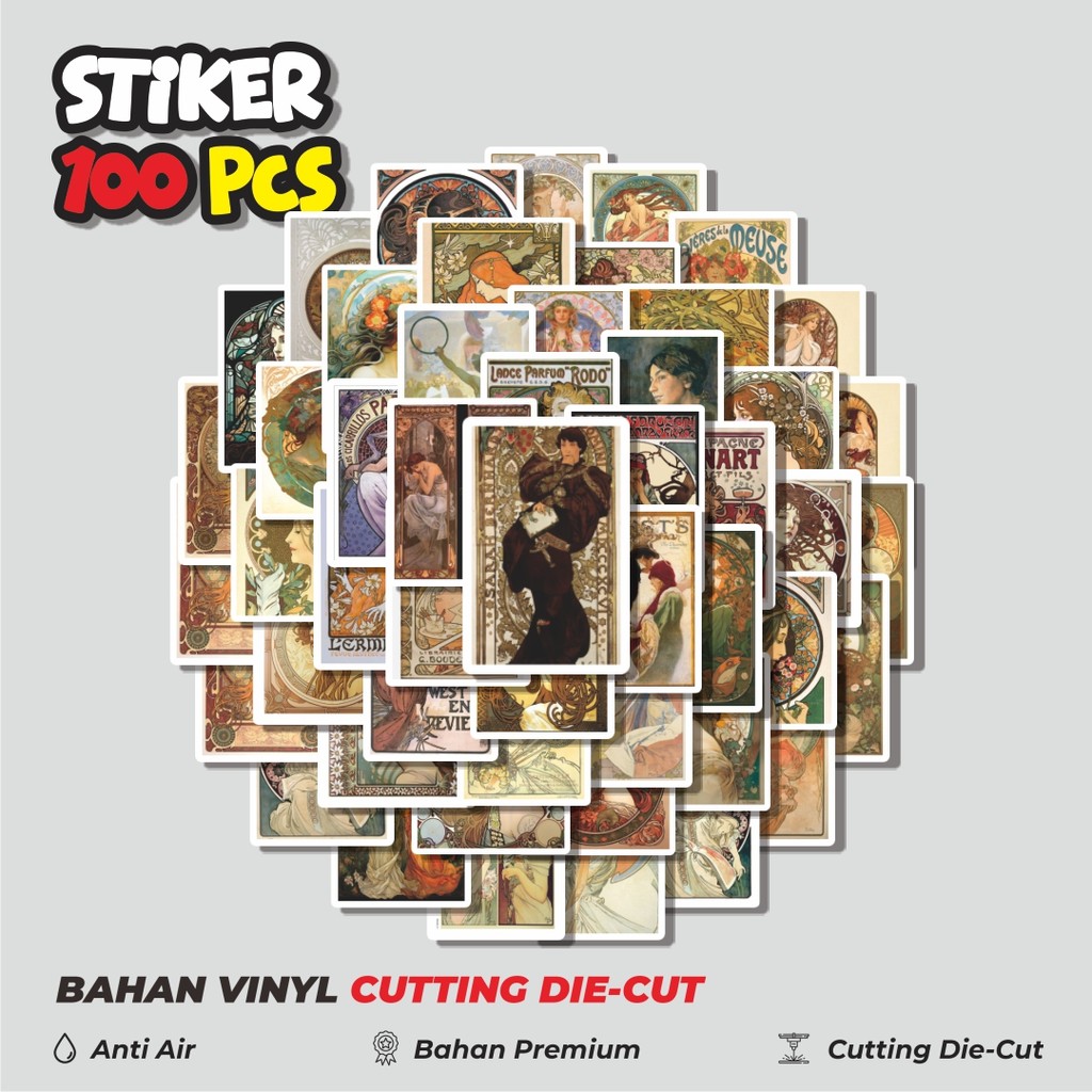 

Terbaru! 50 pcs Stiker Mucha Art Nouveau Collection/Koleksi Dekorasi Lucu Kreatif untuk Notebook, Skateboard, HP