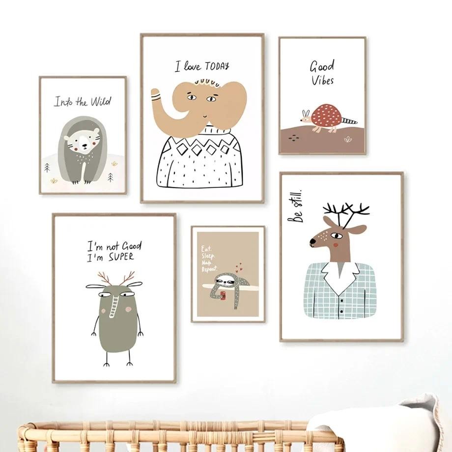 

Fun Cartoon Rabbit Sloth Elephant Deer Bear Bird Koala Wall Art Posters Prints Canvas Painting Kawaii Baby Kids Room Home Decor