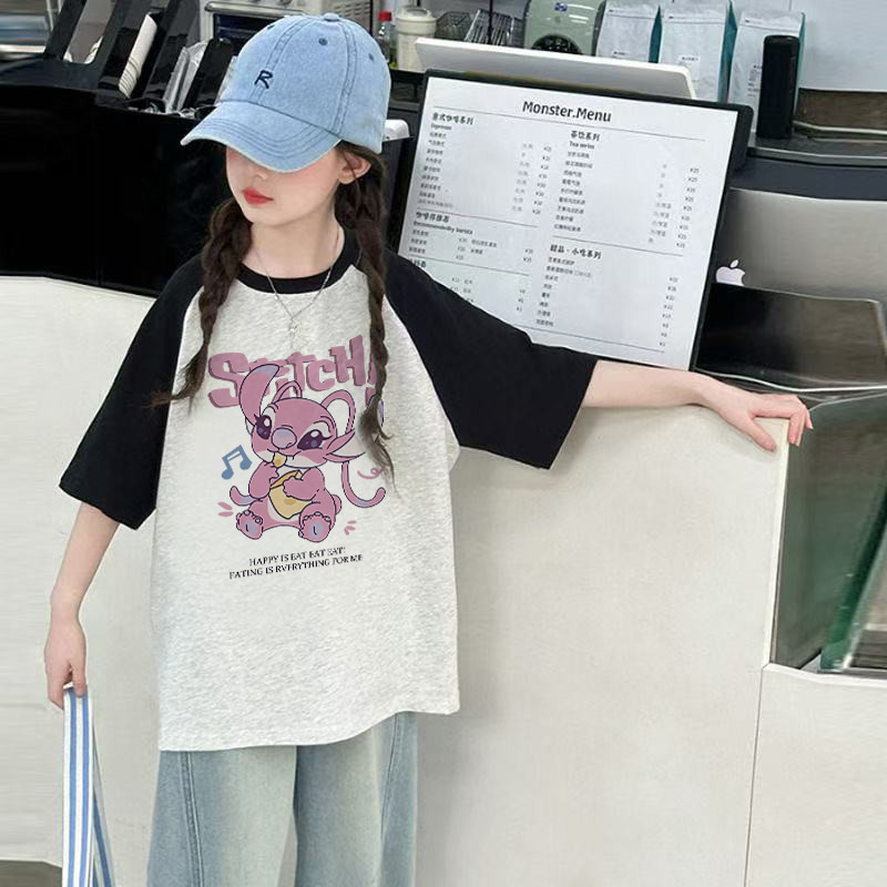 Grosir Laozy 2-12 Tahun Baju Anak Perempuan Navy Blue Raglan Short Sleeves Import Korea T-Shirt Cute