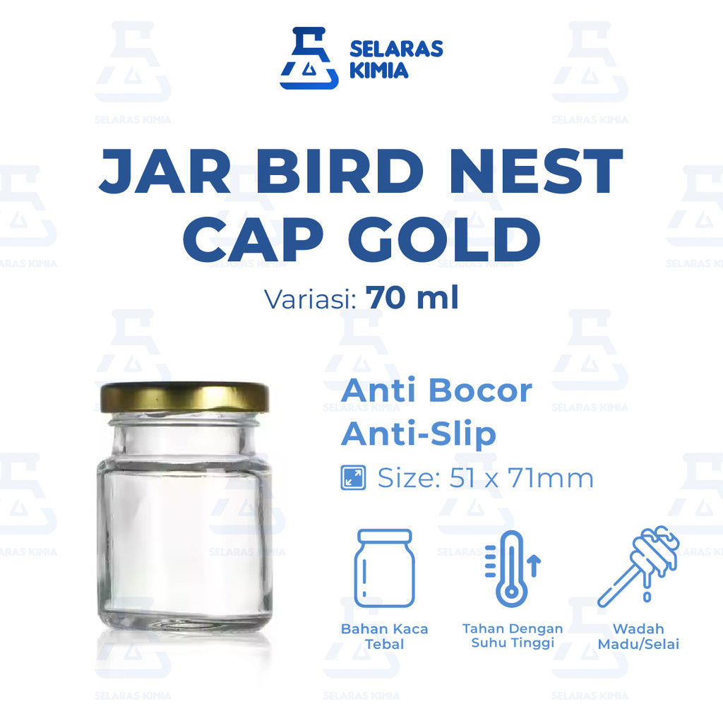 Botol Kaca Jar Bird Nest Glass 70ml Cap Gold / Jar Kaca Bening 70ml / Botol Toples Kaca 70ml Tutup A