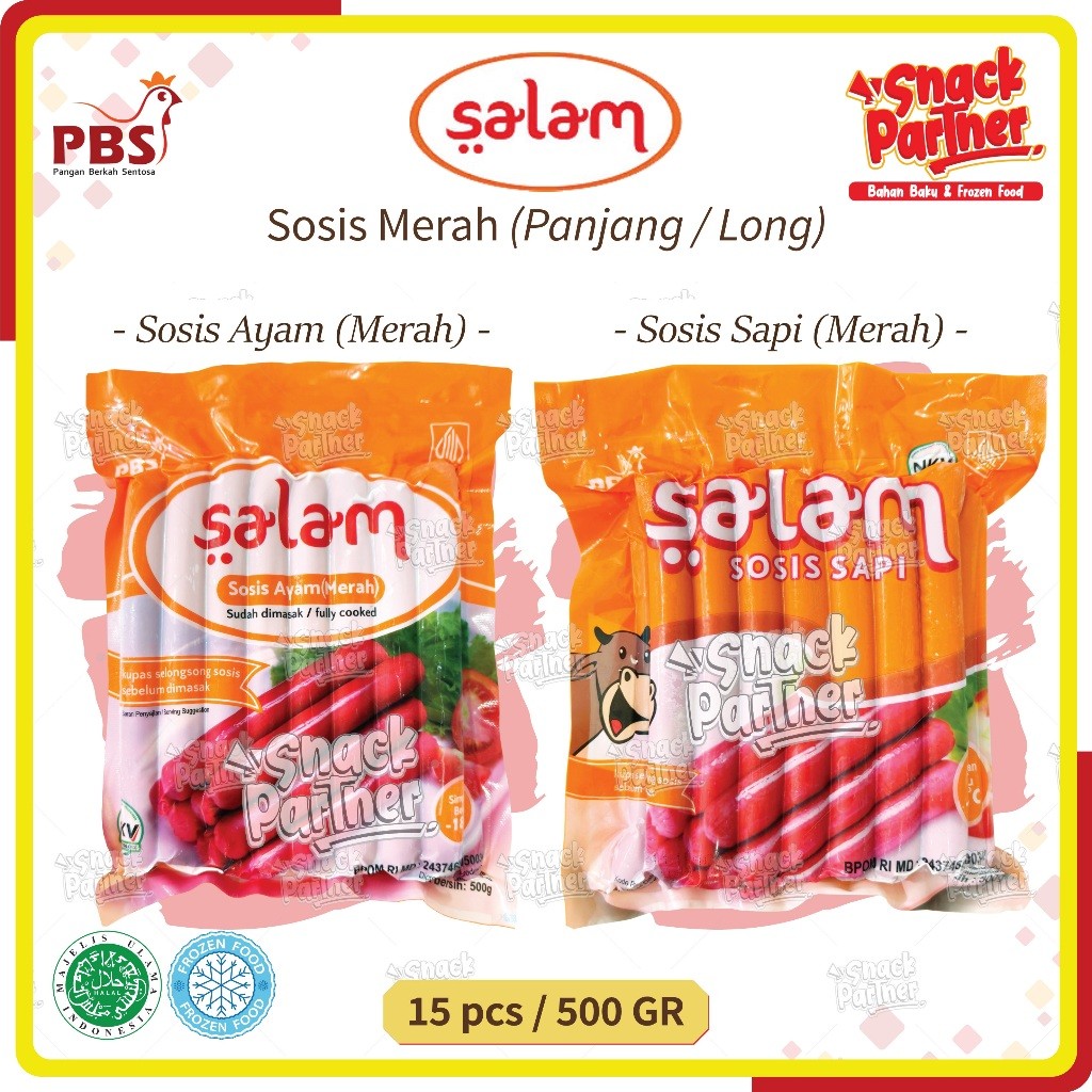 

SALAM | SOSIS MERAH Panjang Ayam Sapi 15 PCS / 500 GR - Beef Chicken Red Long Sausage FROZEN FOOD