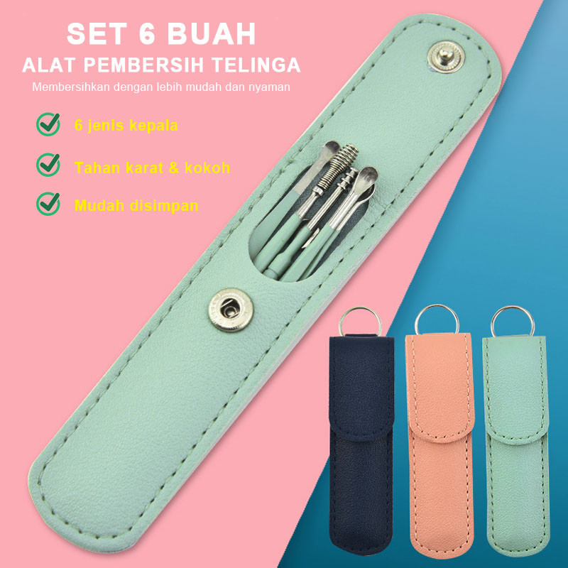6 In 1 Alat Pembersih Telinga Ear Picker Stainless Steel Dengan Tas PU Portabel / Spatula Korek Kupi