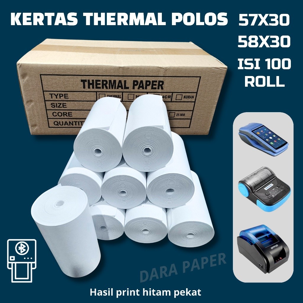 

Kertas Thermal Polos 57X30 / 58X30 Cocok untuk Semua Jenis Printer Mini Edc Bluetooth