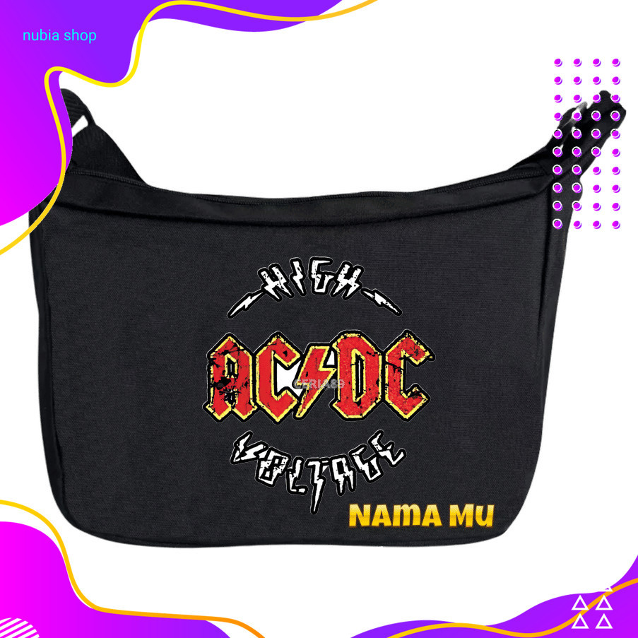 nubia Tas Selempang Anak ACDC Logo Band Rock – Sling Bag Bahu Cowok Cewek Desain Musik Keren, Cocok 