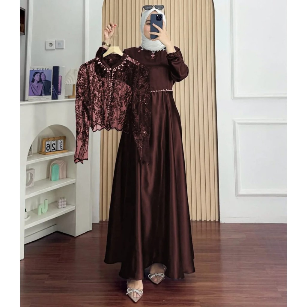 gamis melayu elegan 2025 sakura dress burgundy mahogany black mewah kekinian bahan silk mewah
