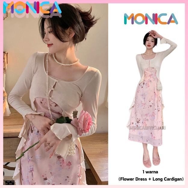 Monica    Dress Vintage Flower Dress + Long Cardigan Suit Dress  -Baju Batik Wanita-Maxi Dress