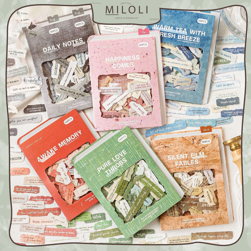 

[MILOLI] 50Pcs STICKER TEXT ENGLISH LABEL Sticker Collage Decor Jurnal Stiker Hias Diary Scrapbook - B0530