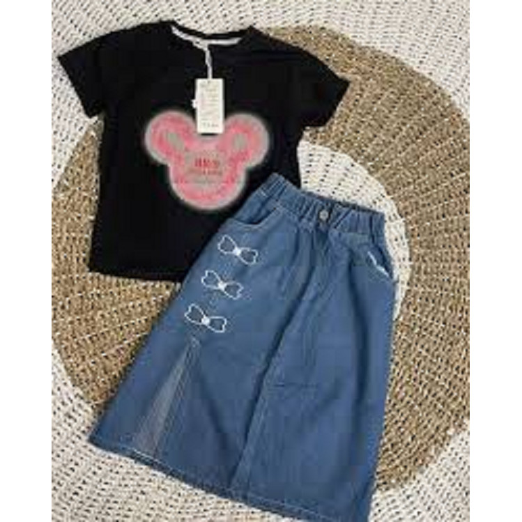 Setelan Anak Perempuan - T-Shirt Mickey Mouse & Rok Jeans Lucu