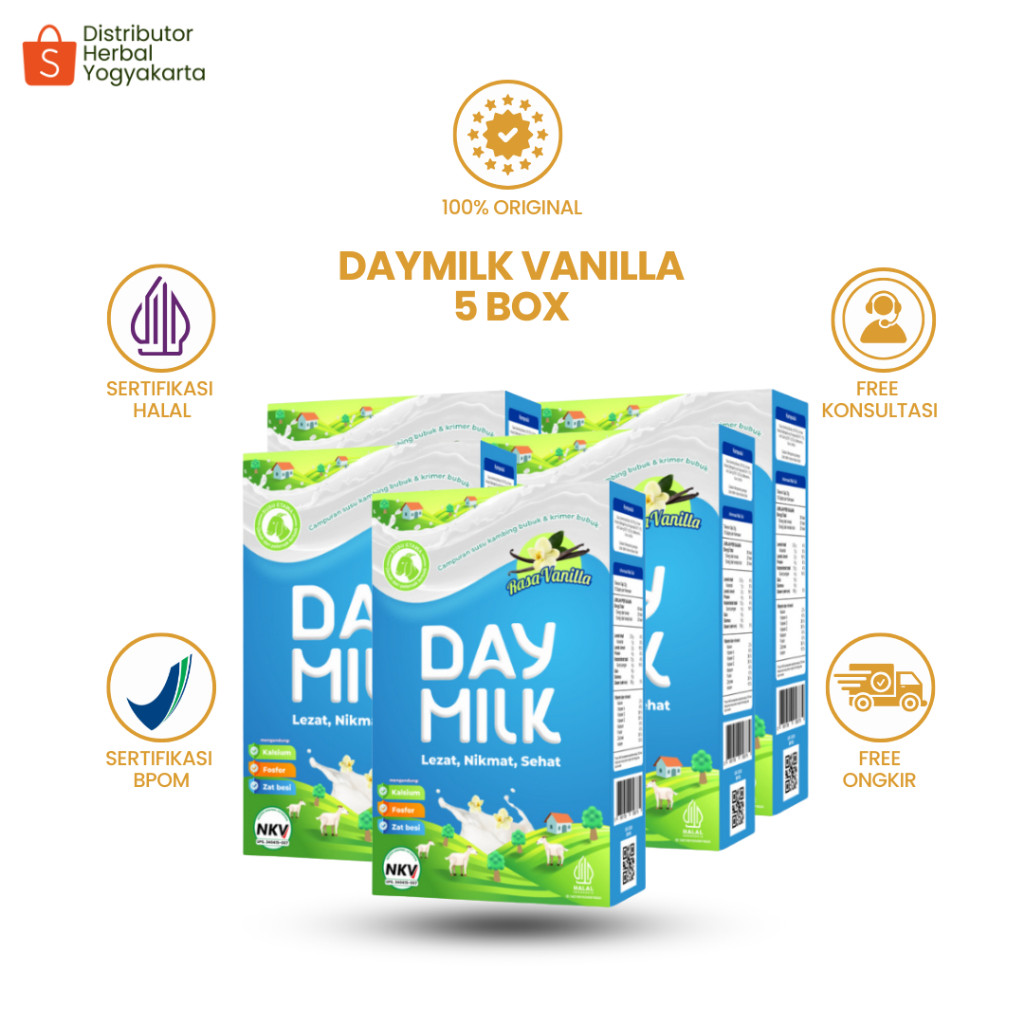 

Daymilk Rasa Vanilla - Susu Kambing Etawa Untuk Tulang , Sendi , Pernafasan & Jantung - 5 BOX