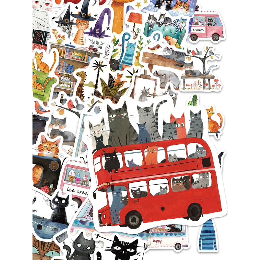 

50pcs Art Cat Animal Stickers Cartoon Cute Cat Decoration Guitar iPad Skateboarding Helmet DIY Waterproof Sticker Painting