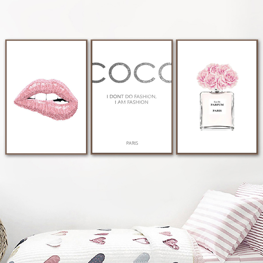 

Fashion Flower Perfume Pink Lips Poster And Print Coco Quotes Wall Art Canvas Painting Pictures For Living Room Home Decoration