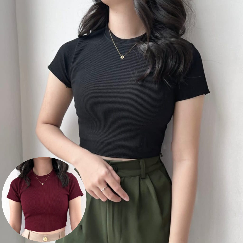 BESTPROMO KAOS BASIC CROP TOP / BAJU WANITA BASIC CROP KNIT RIB BAHAN ADEM / JOANA FASHION