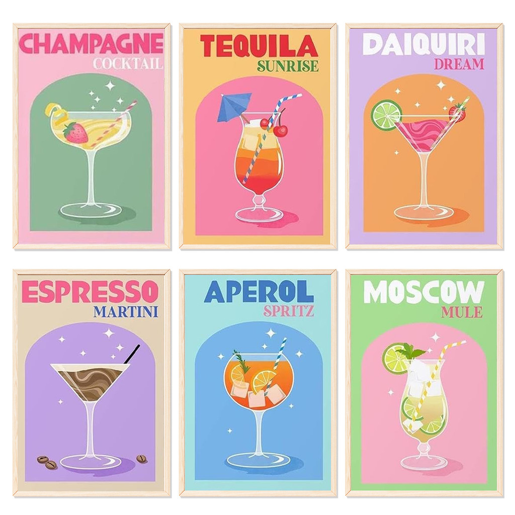 

6 Pcs Paint by Numbers on Color Rolled Canvas, Easy DIY Art for Home Decor, Stress Relief Gift (Cocktail Cup 20x30cm Unframed ）