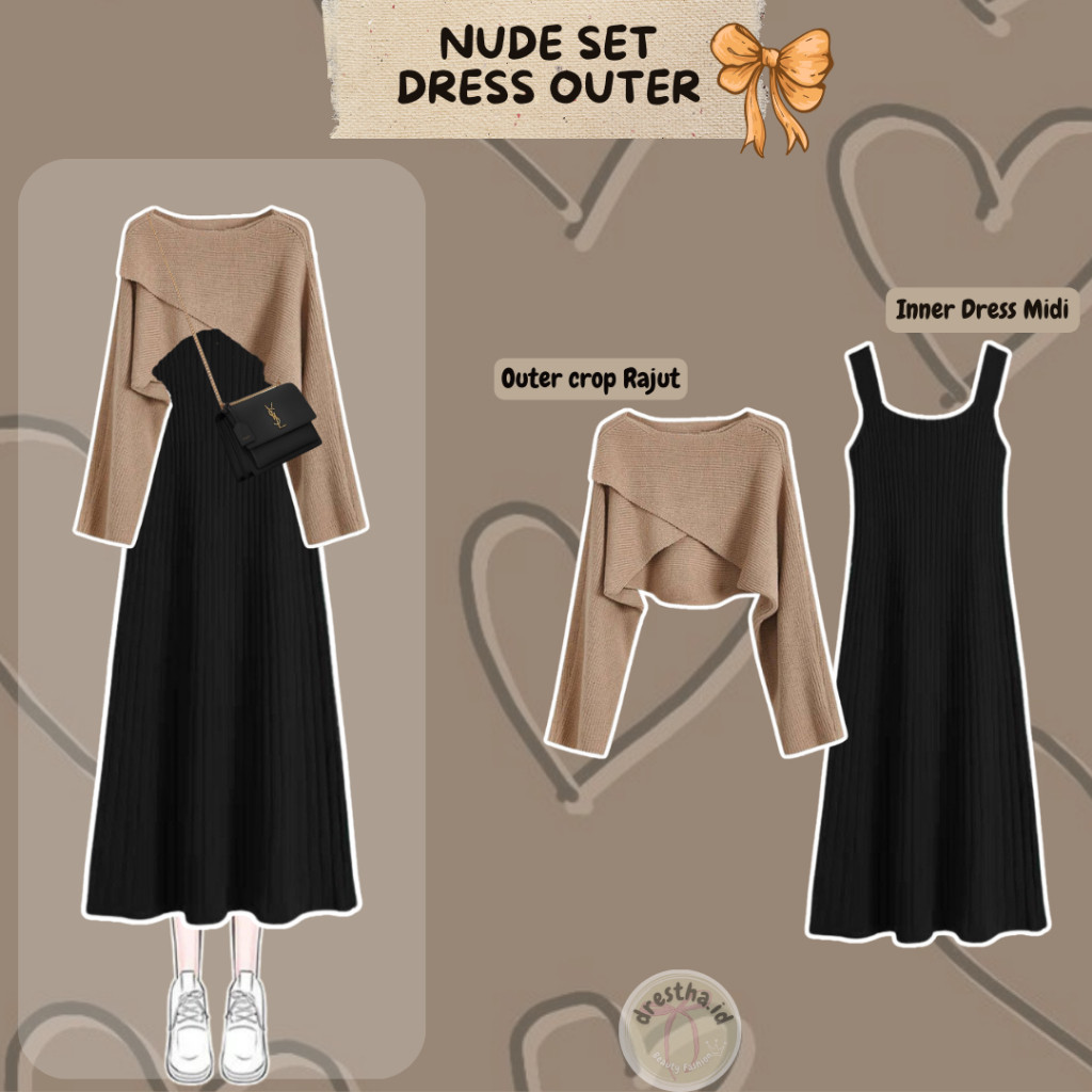 BEST SELLER/ One Set Inner Dress Midi Rajut + Outer Crop Rajut | Vest Cardigan Knit 2in1 Gaya Korea 