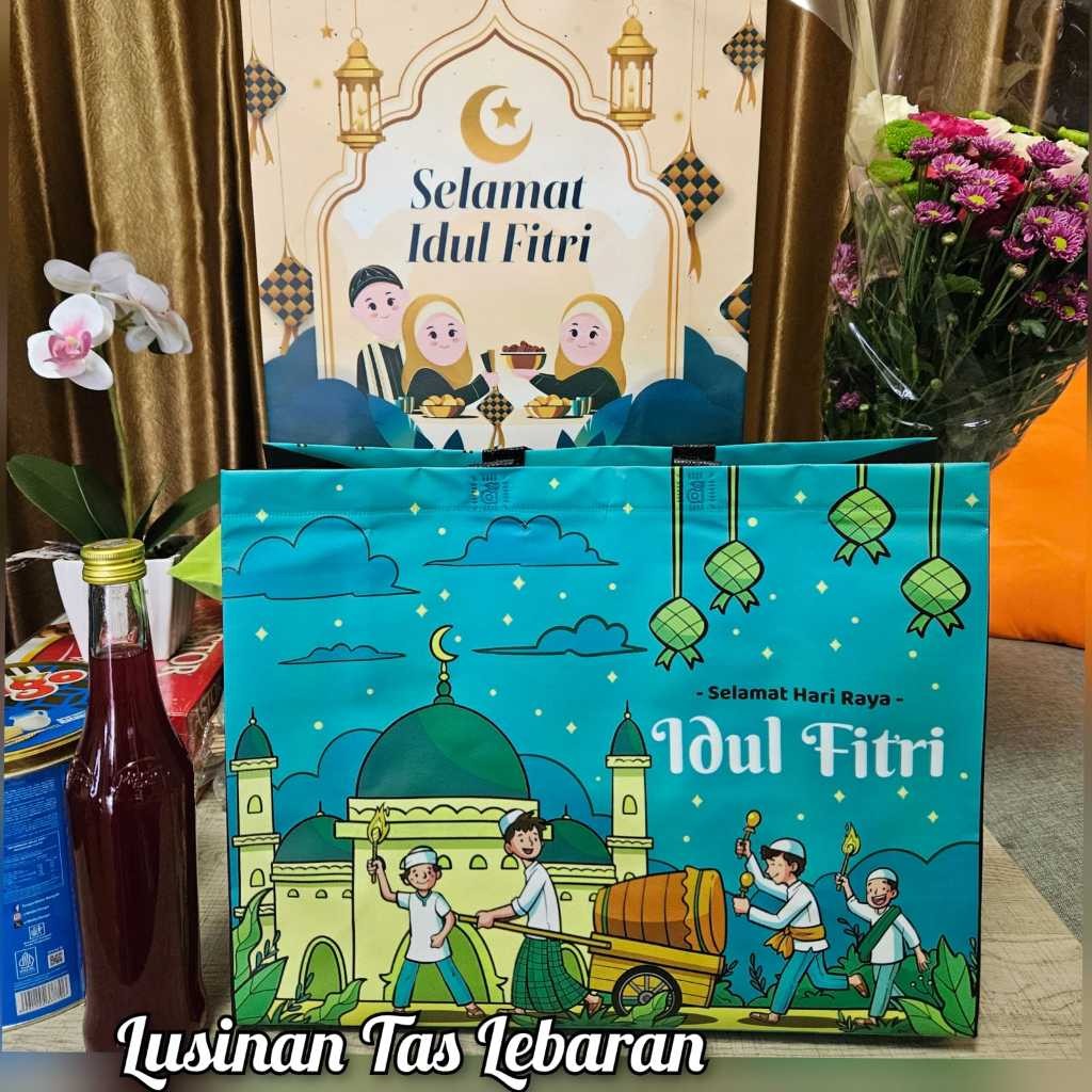 

ITSHOPING - 1lusin Tas Bingkisan Lebaran Laminasi ukuran Jumbo 35x40x15cm Goodie Bag Tas THR Idul Fitri