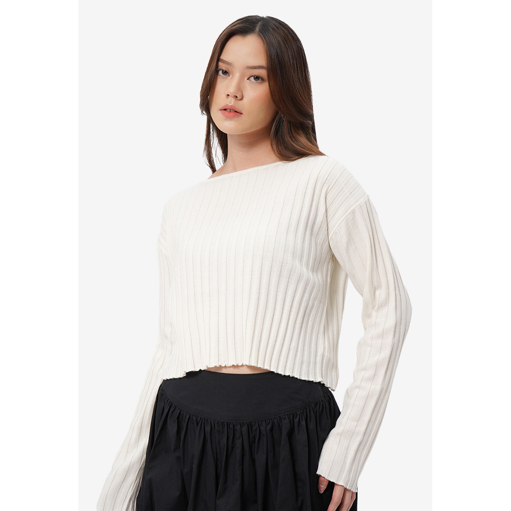 COLORBOX Long Sleeve Boat Neck Crop Sweater Off White
