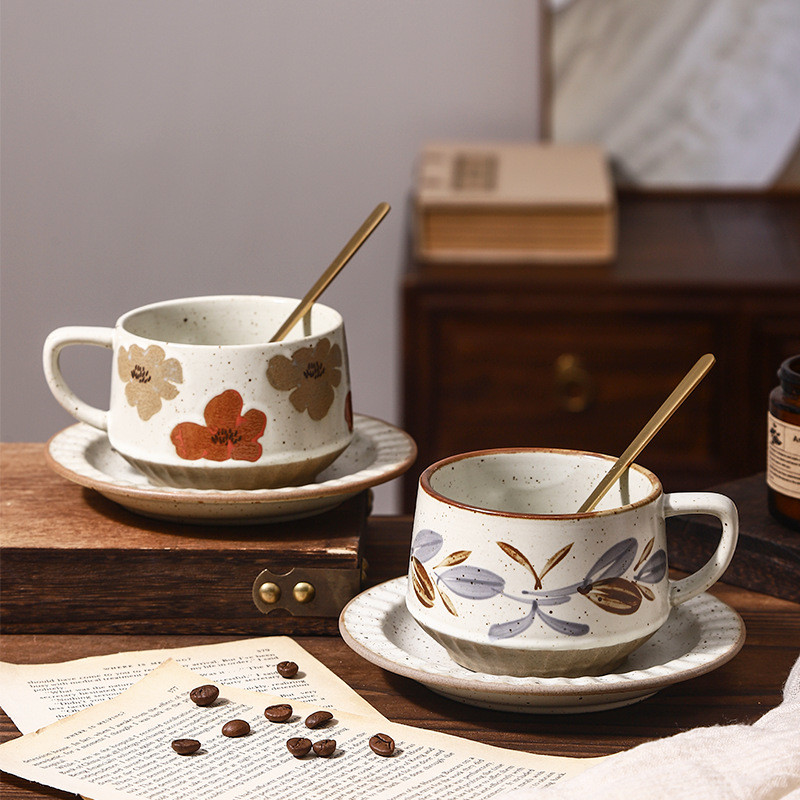 New Flower Counter Coffee Cup Set Vintage Cup Latte Cup Extremely Simple Flower Milk Tea Cup Japanes