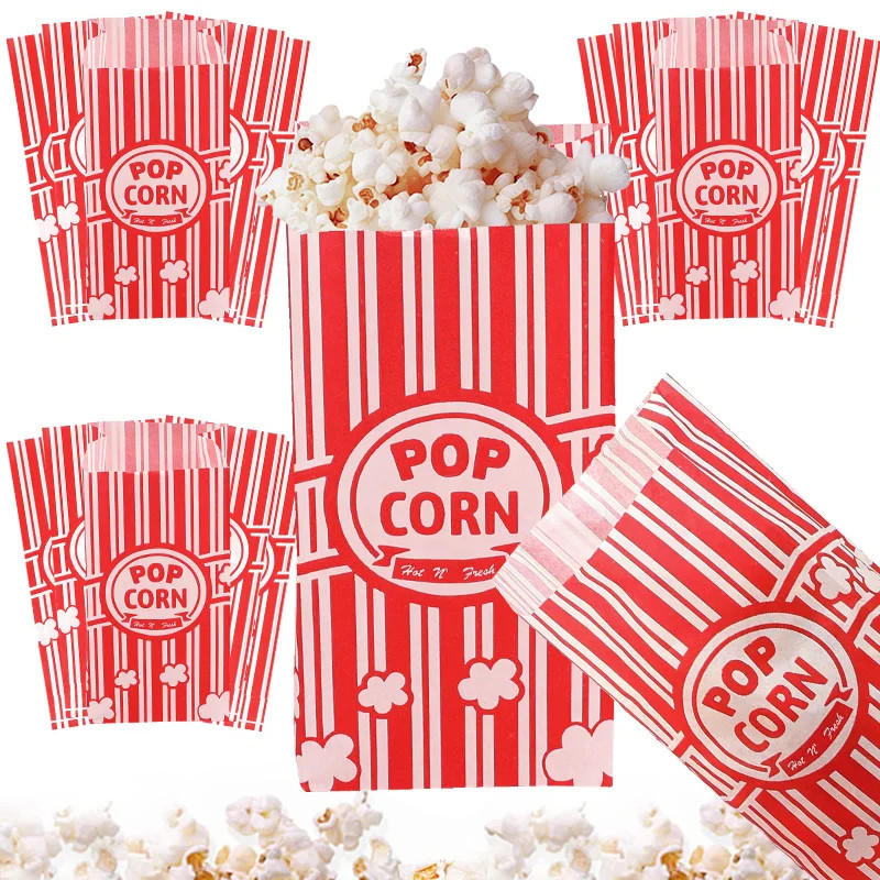 

100/200pcs Popcorn Packaging Bag Buckets Red White Stripes Bags Snack Containers For Baby Shower Birthdays Party Supplies