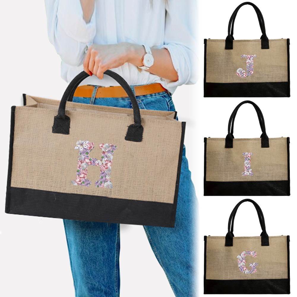 Tas tangan Linen Tote Bags Ladies Beach Travel Bags Jute Shopping Bag Large Size Jute Bag Printing R