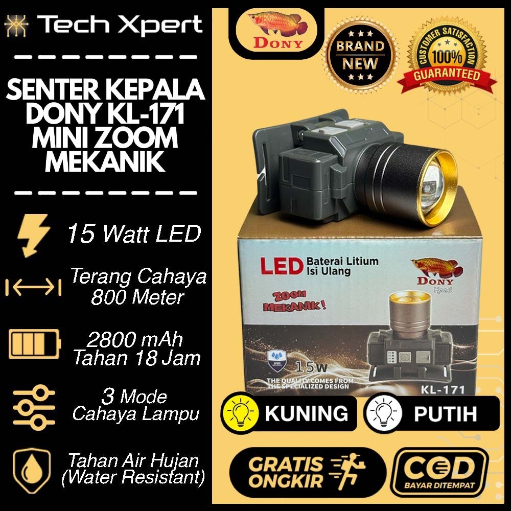 DZ66 SENTER KEPALA LED DONY 15 WATT KL-171 "MINI ZOOM MEKANIK" ORI ANTI AIR TAHAN LAMA OUTDOOR