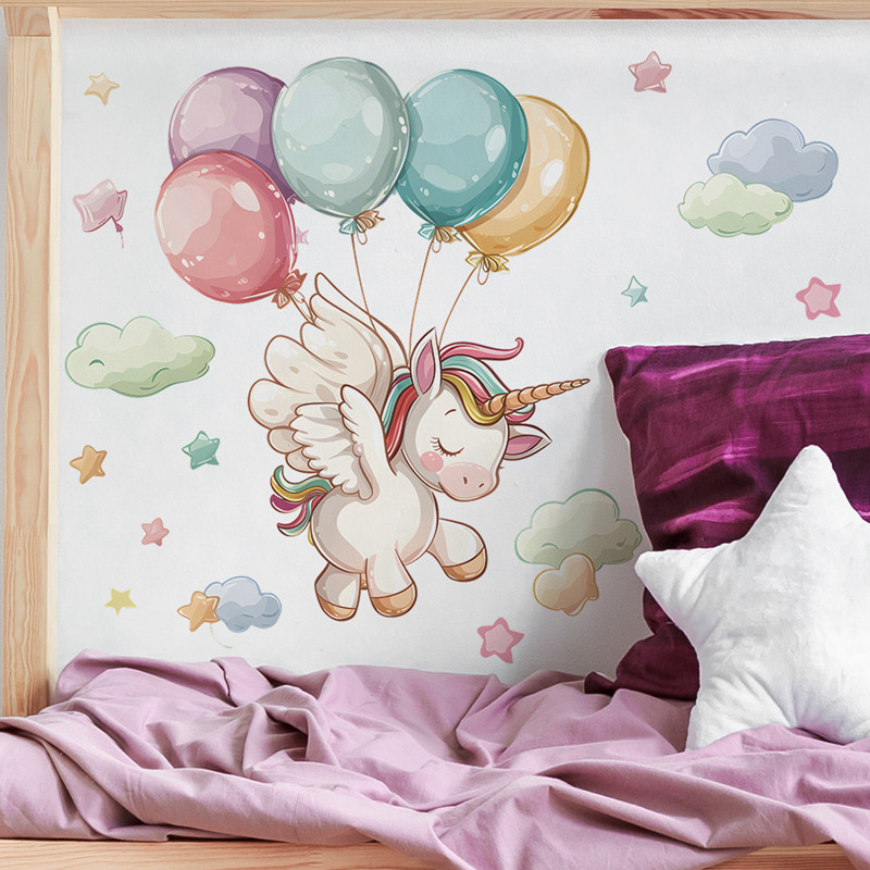 

Customized Cartoon Unicorn Balloon Clouds 3D Vinyl Wall Art Stickers Kids Room Decoration for Home Nursery Girl Anime Poster