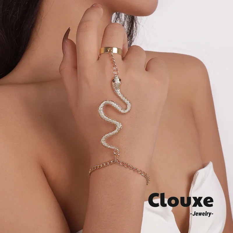 [Clouxe] cincin rantai tangan ular logam berkilauan desain unik bergaya sederhana Q1536