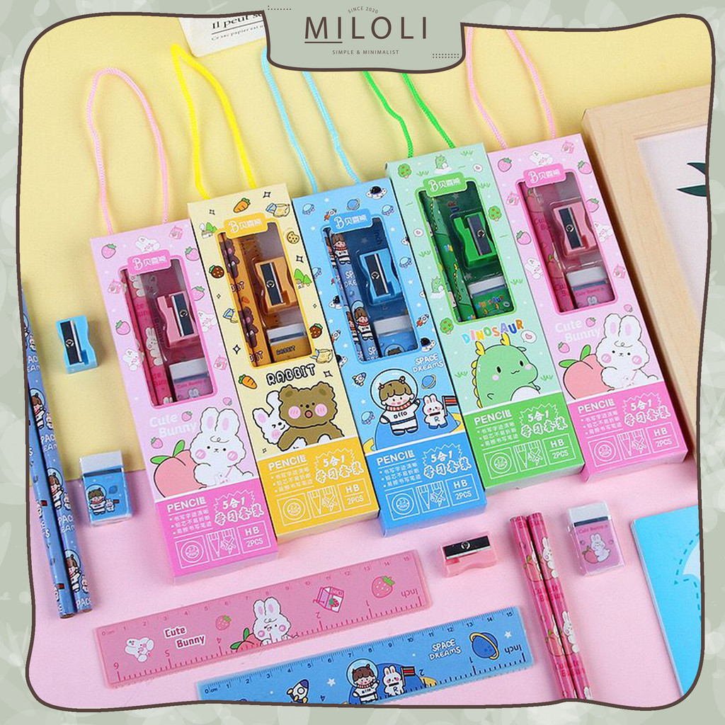 

[MILOLI] 5 In1 SMALL SET CARTOON PENCIL ERASER RULER SHARPENER Children Student Stationary - F0352