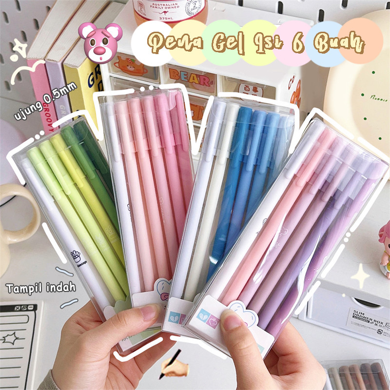 

Set 6 Pcs Pena Tinta Gel Morandi Yang Lucu / Alat Tulis Sekolah Pulpen Hitam Murah Stationary