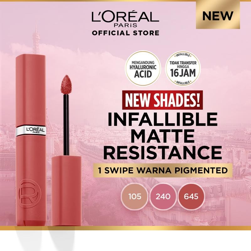 

[HANYA HARI INI] L’Oreal Paris Infallible Matte Resistance Liquid Lipstick for 16 Jam Long Lasting, Tidak Transfer, Transferproof, Tidak Kering dengan Hyaluronic Acid