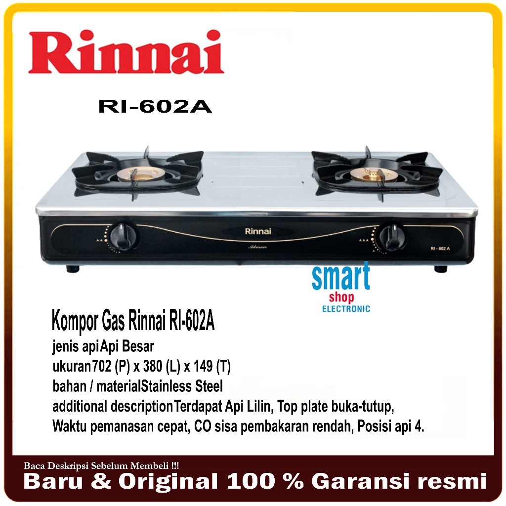 Kompor Gas Rinnai RI602A / Kompor Rinnai 2 Tungku Stainless / Kompor Rinnai RI-602a Api Besar
