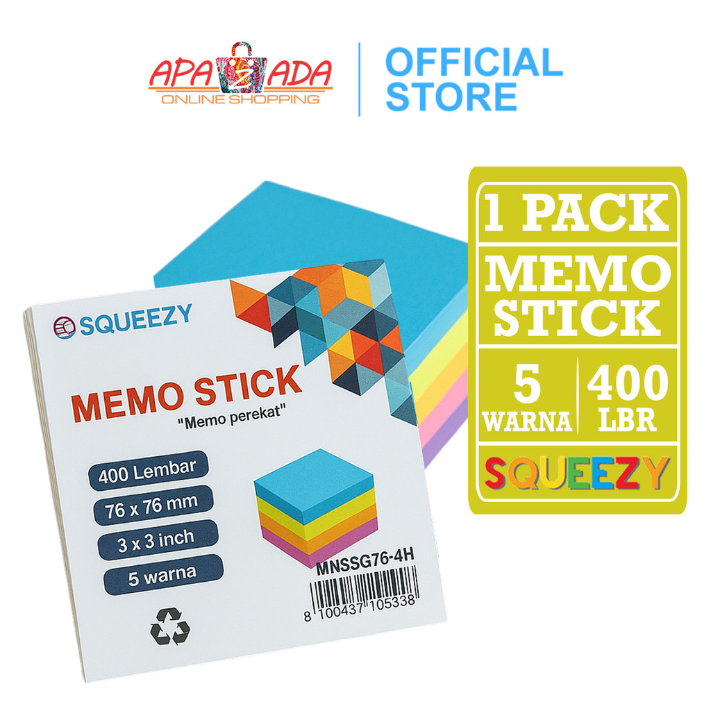 

Apazada - Sticky Note Warna Warni 400 Lembar / Memo Stick Squeezy 5 Warna MMS-SQ76-4H