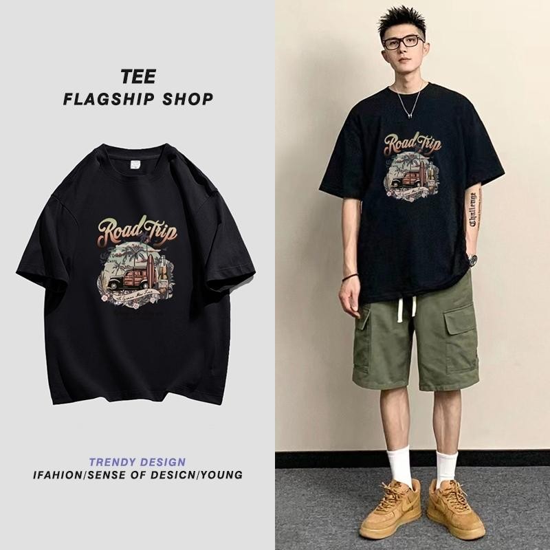 Kemeja longgar cetak kartun retro Amerika 100% katun coklat kaos lengan pendek untuk pria Pola cetak