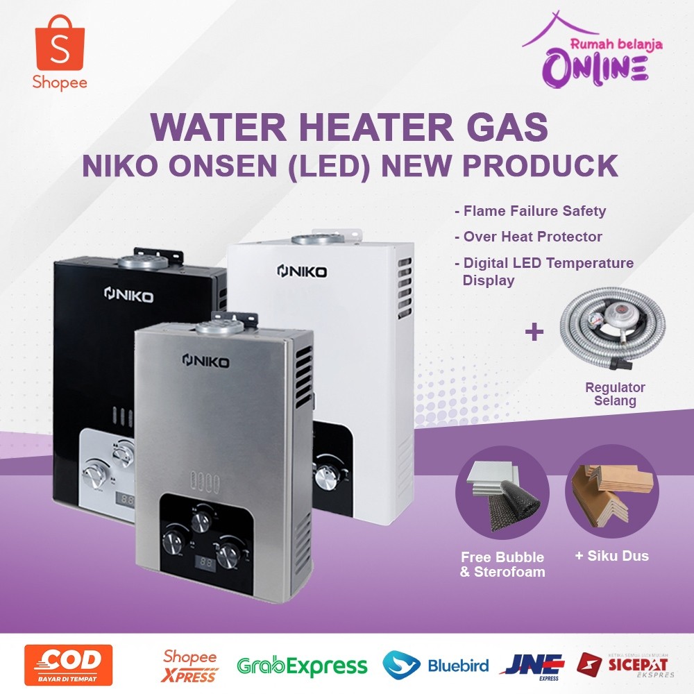 GAS WATER HEATER NIKO ONSEN (LED) WATER HEATER GAS WATER HEATER NIKO FREE SHOWER DAN SELANG FLEXIBEL