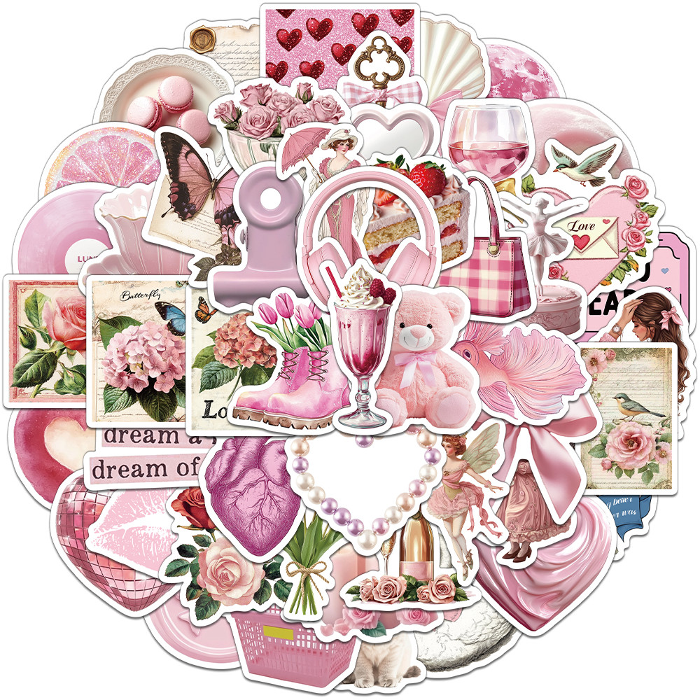 

50PCS Creative Pink Aesthetic Cute Ins Style Stickers Decorative Phone Cases Water Cups DIY Personalized Stickers