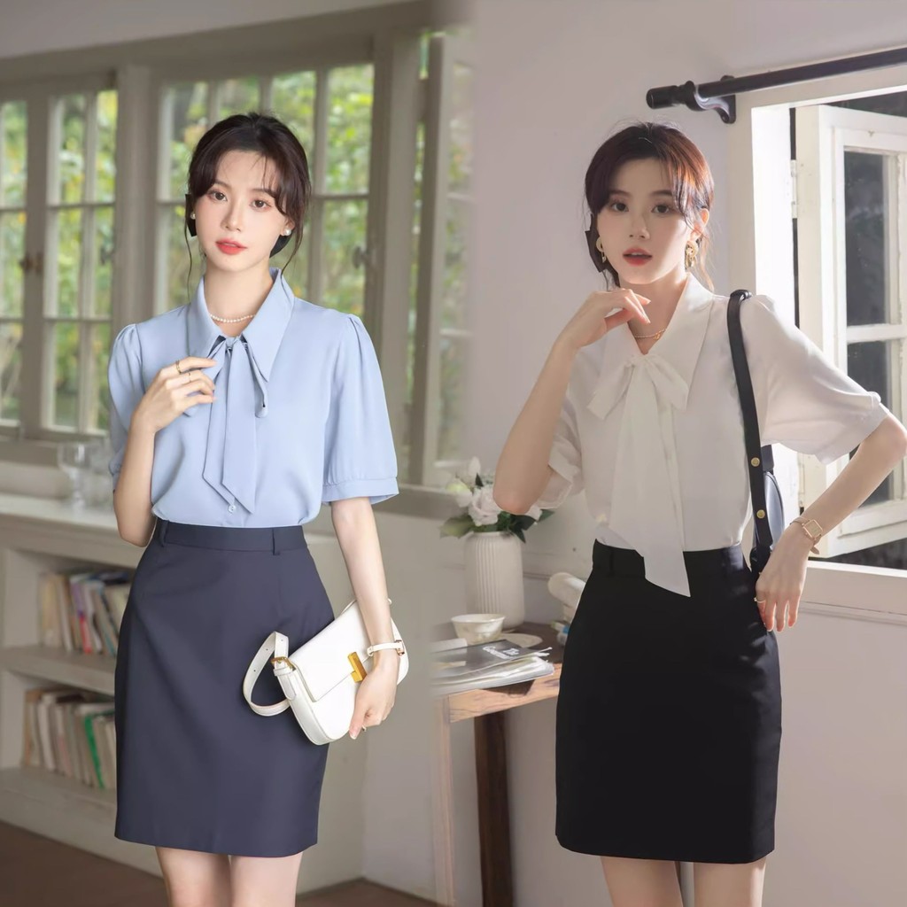 Kemeja Wanita Korea V-neck Lengan Pendek Atasan Kemeja Dasi Kasual Terbaru