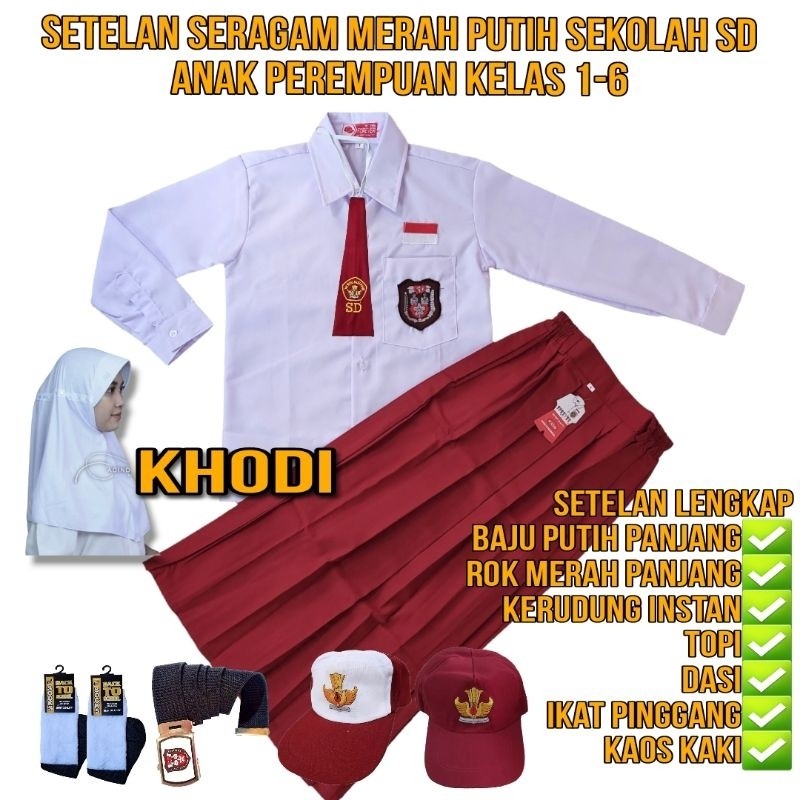 Setelan Seragam Merah Putih SD Perempuan Lengan Panjang Rok Panjang Merah Pakaian Seragam Sekolah SD