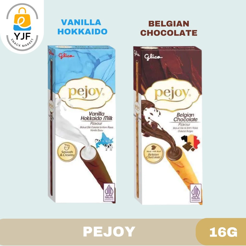 

Glico Pejoy Stick Biskuit 16g / Rasa Belgian Chocolate / Vanilla Hokkaido / Biscuit / Kue Stick / Coklat