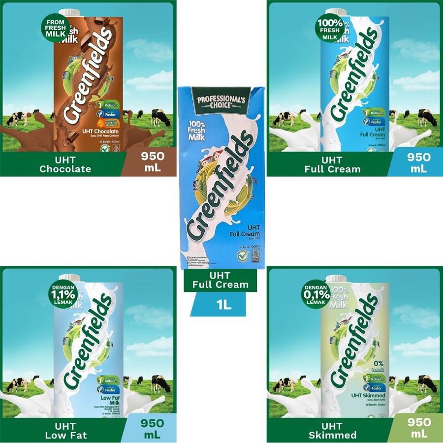 

susu UHT Greenfields 1 Liter 1L 1000mL 950mL 950 ml FullCream LowFat Chocolate Skimmed