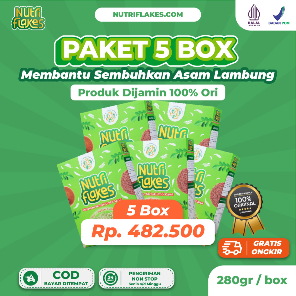 

Nutriflakes Sereal Umbi Garut Asam Lambung - Ampuh Mengatasi Asam Lambung Gerd, Maag 5 Box