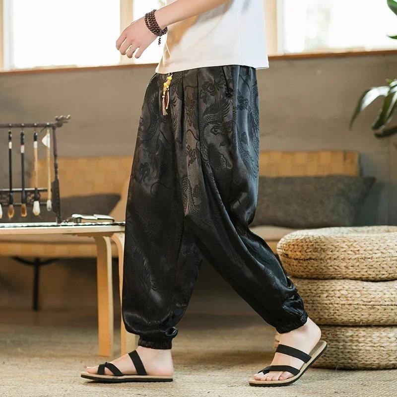 Hipster Ice Silk Satin Men's Pants Dragon Pattern Chinese Loose Trousers Smooth Satin Pants Taiji Co