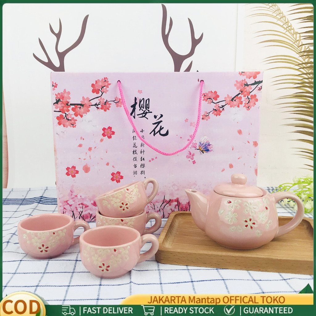 Cangkir Teko Pot Set Keramik Mewah Hampers Gelas Kopi Unik Aesthetic Sakura Teko Teh China / Gelas