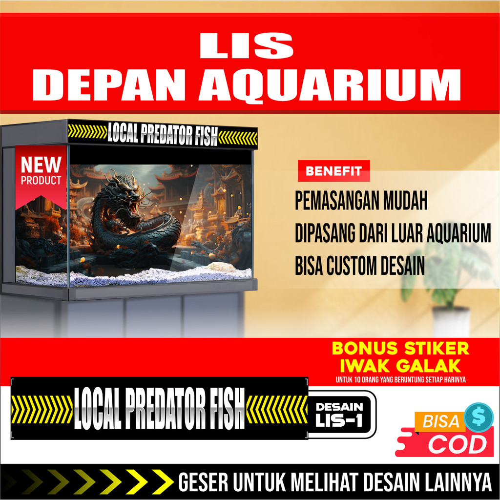 Sticker Skotlet Lis Aquarium Hiasan Aquarium Kaca Depan Custome Desain Awas Iwak Galak
