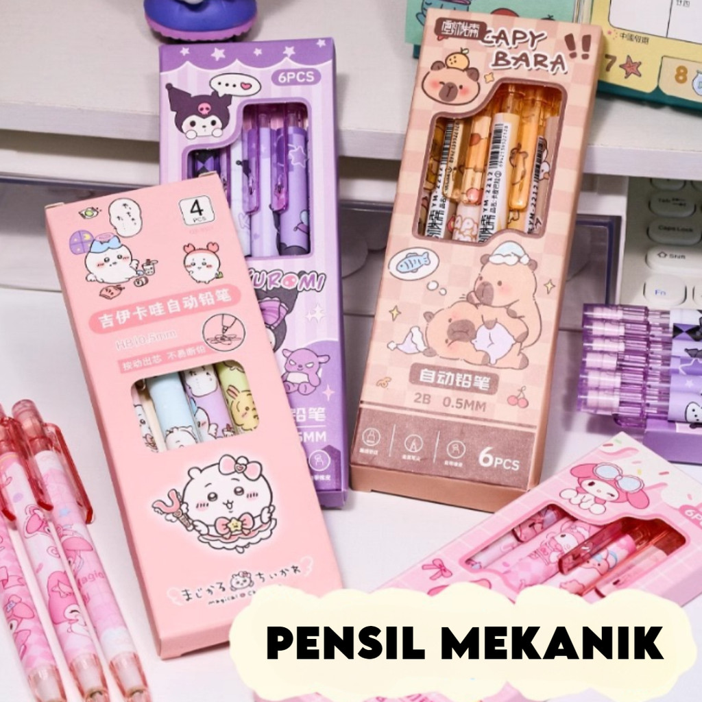 

[GROSIR ATK] 1 SET 6 PCS PENSIL MEKANIK HB DENGAN PENGHAPUS MINI MOTIF CAPYBARA, LOOPY, KUR0M1 CUTE