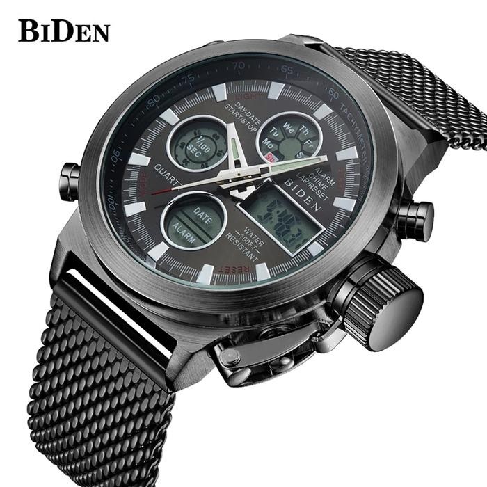 JAM TANGAN PRIA BIDEN DUAL TIME WATCH LED DIGITAL ANALOG IMPORT STEEL - Mesh Hitam