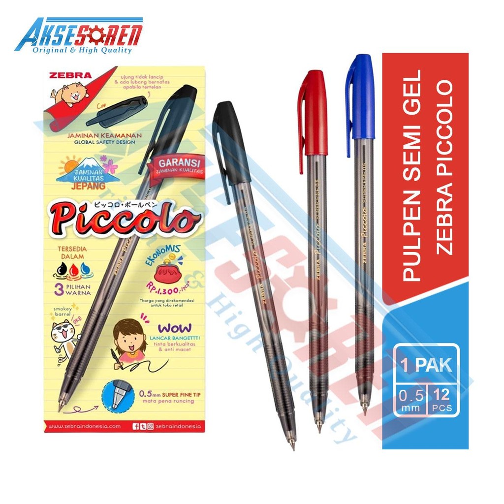 

Aksesoren Pulpen Zebra Piccolo 0.5 mm [1 Pack/12 Pcs] / Bolpen Semi Gel Picolo Hitam Biru Merah 1 Pak / Ballpoint / ATK