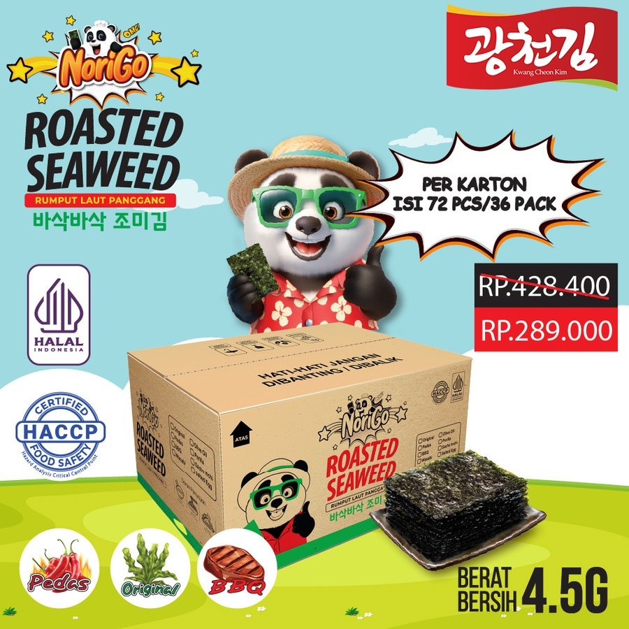 

[HALAL] NORIGO DOSIRAK RUMPUT LAUT PANGGANG ROASTED SEAWEED 324GR (1 CARTON ISI 72 PCS) / SNACK NORI / SNACK RUMPUT LAUT