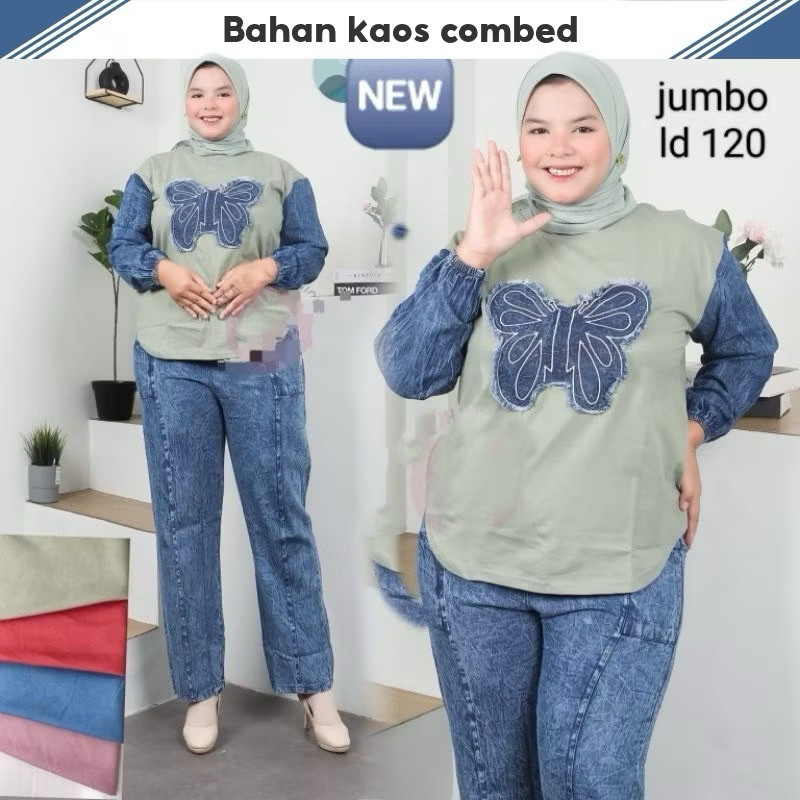BAROSHOP Setelan Jeans Jumbo Wanita, Setelan Wanita Super Jumbo, Setelan Jeans Cargo Wanita Dewasa