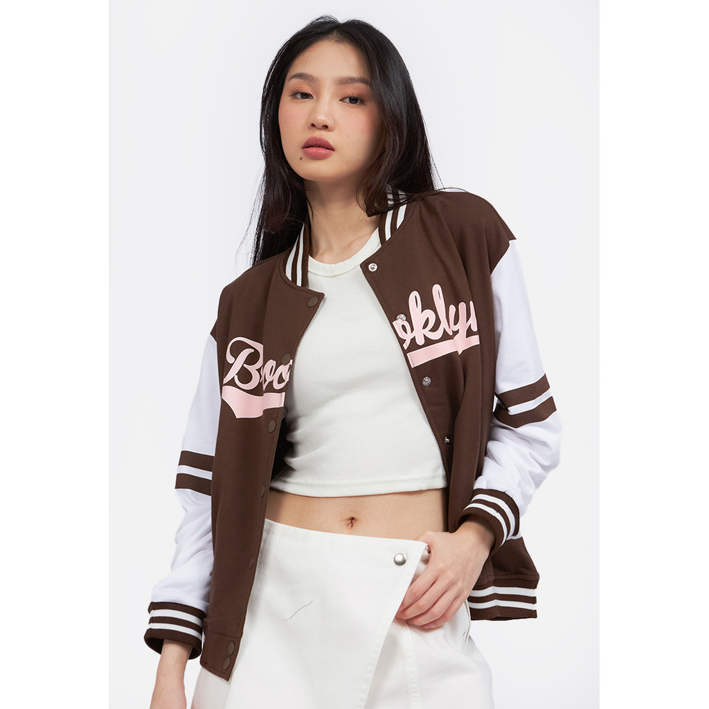 BAROSHOP COLORBOX Contrast Sleeve Varsity Jacket Dark Brown