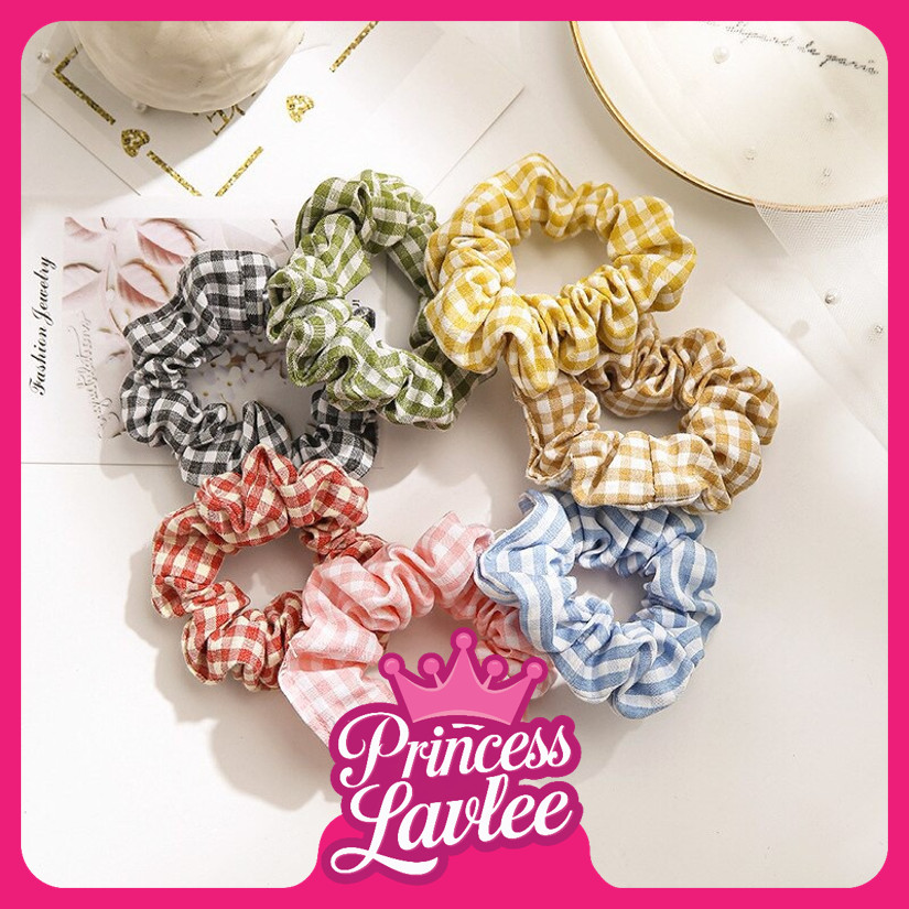 PL F5130 Scrunchie Kunciran Rambut Motif Petak  Ikat Rambut Import Ikat Rambut Gaya Korea