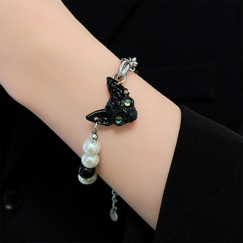Gelang Mutiara Kucing Hitam Trendi Desain Ceruk Wanita Kepribadian Mewah Gelang Manis Keren
